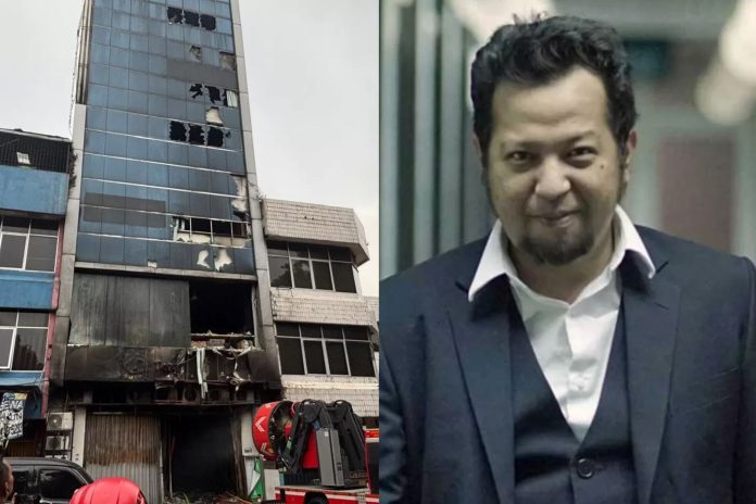 TERRA DRONE KEBAKARAN -- (kiri) Kebakaran di Gedung Terra Drone, Cempaka Baru, Jakarta, Selasa (9/12/2025) / (kanan) CEO/Managing Director Terra Drone Indonesia, Michael Wishnu Wardana sudah ditetapkan tersangka dan ditahan polisi.. (Foto: Kolase Istimewa)