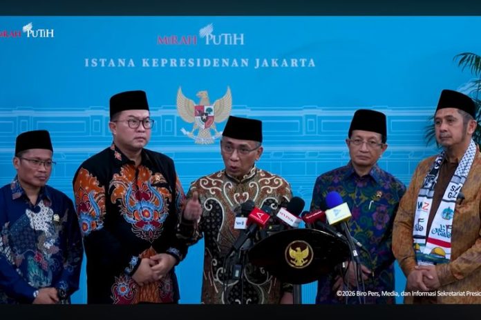 Ketua Umum PBNU Yahya Cholil Staquf memberikan penjelasan usai pertemuan Presiden Prabowo dengan sejumlah elite ormas Islam, 4 Februari 2026.(Kanal YouTube Sekretariat Presiden)