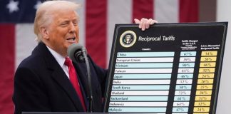 Menkeu AS Sebut Trump Akan Segera Naikkan Tarif Impor Jadi 15% Pekan Ini, Bagaimana Nasib RI? Ilustrasi- Presiden Donald Trump memamerkan daftar lengkap negara yang terkena tarif impor AS. (foto: istimewa)