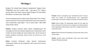 Panglima TNI Perintahkan Siaga 1, Antisipasi Dampak Konflik Timur Tengah Surat Telegram Panglima TNI Nomor TR/283/2026 menetapkan status Siaga 1 bagi seluruh jajaran TNI mulai 1 Maret 2026 sebagai langkah meningkatkan kesiapsiagaan dan pengamanan objek vital nasional.