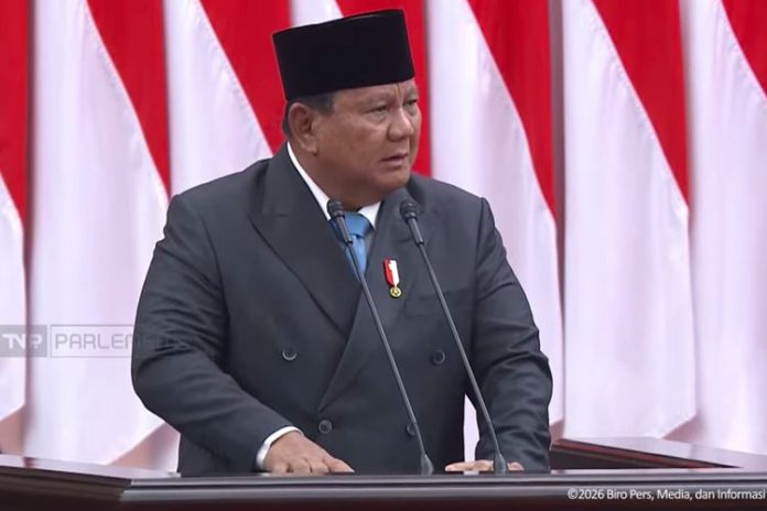 Presiden RI Prabowo Subianto menyampaikan pidato pada Rapat Paripurna DPR RI ke-19 Masa Persidangan V Tahun Sidang 2025—2026 dalam rangka penyampaian Kerangka Ekonomi Makro (KEM) dan Pokok-Pokok Kebijakan Fiskal (PPKF) RAPBN 2027 di Gedung Nusantara MPR/DPR/DPD RI, Jakarta, Rabu (20/5/2026).