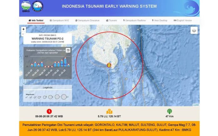 Gempa bumi berkekuatan magnitudo 7,7 mengguncang wilayah Mindanao, Filipina, pada Senin (8/6/2026) pukul 06.37.42 WIB. Guncangan terasa hingga ke Manado, Sulawesi Utara, dan memicu kewaspadaan warga di pesisir. (Foto: Istimewa)
