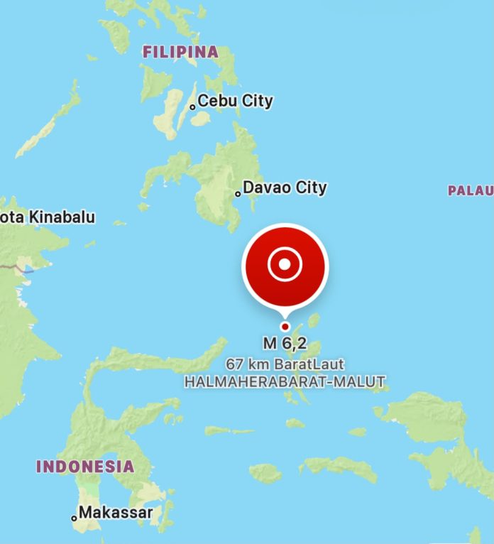 Gempa bumi M 6,2 di 67 km BaratLaut HALMAHERABARAT-MALUT, Tidak Berpotensi Tsunami. (Sumber Foto: BMKG)