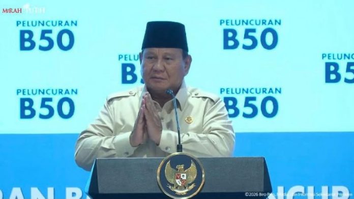 Presiden RI Prabowo Subianto resmi meluncurkan BBM baru biodiesel B50 di Rest Area KM 57 Tol Jakarta-Cikampek, Karawang, Jawa Barat, Kamis (9/7/2026). (Foto: tangkapan layar YouTube Sekretariat Presiden)