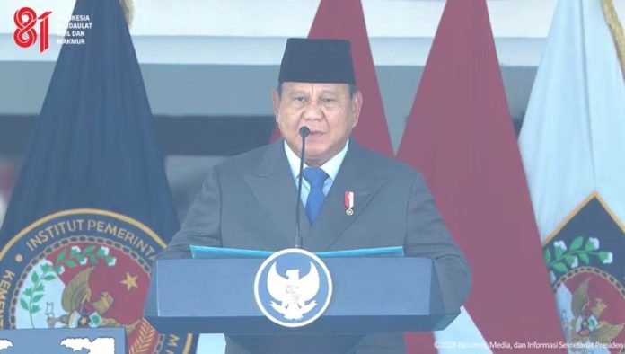 Presiden Prabowo Subianto melantik 1.204 Pamong Praja Muda (PPM) Ilmu Pemerintahan Institut Ilmu Pemerintahan Dalam Negeri (IPDN) Angkatan XXXIII Tahun 2026. (Dok. Tangkapan Layar YouTube Setpres)