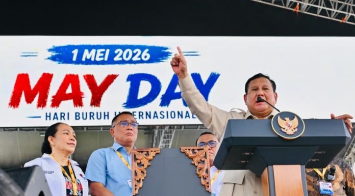 Ilustrasi - Presiden Prabowo Subianto saat menghadiri peringatan Hari Buruh Internasional di kawasan Lapangan Silang Monumen Nasional, Jumat, 1 Mei 2026. (Foto: BPMI Setpres/Laily Rachev)