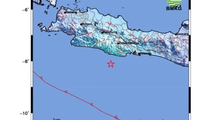 Gempa bumi berkekuatan magnitudo 5,3 mengguncang wilayah Kabupaten Pangandaran, Jawa Barat, pada Rabu (5/8/2026). (Dok. BMKG)