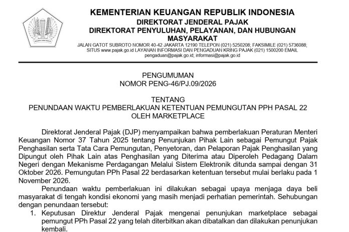 Direktorat Jenderal Pajak (DJP) melalui pengumuman resminya menyampaikan bahwa implementasi pajak marketplace akan ditunda sampai dengan 31 Oktober 2026. (Foto: Istimewa)