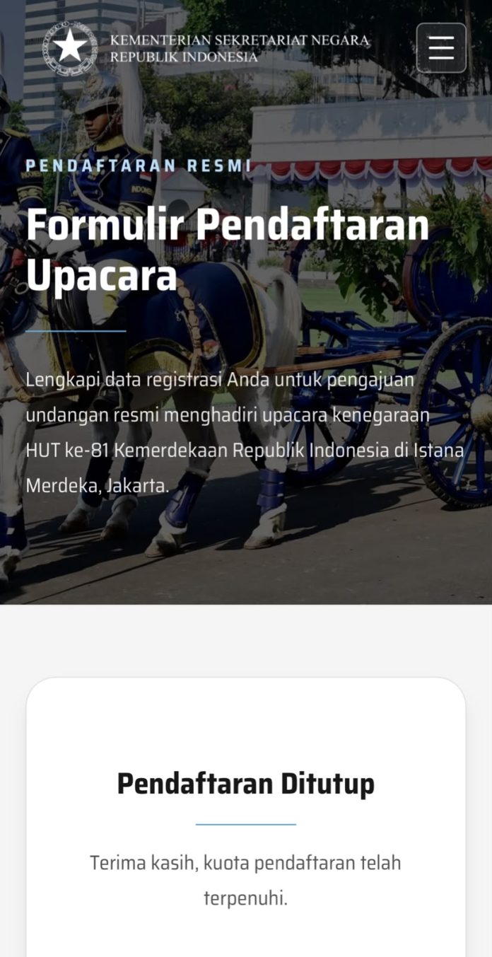 Tangkapan layar laman resmi pendaftaran undangan upacara ke -81 Kemerdekaan RI (https://pandang.istanapresiden.go.id/)