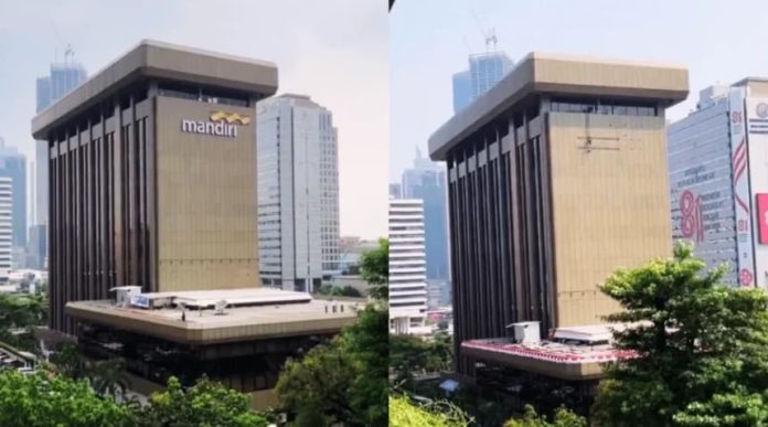 Foto viral pencopotan logo Bank Mandiri di kantor pusat Jakarta. (Foto: Instagram)